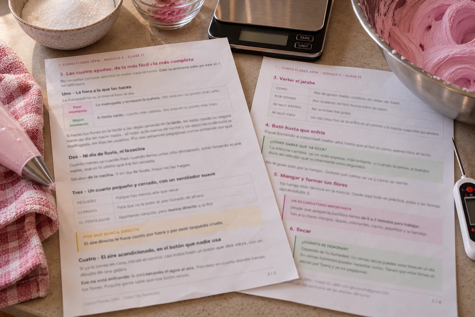 Páginas de los PDF descargables del curso, con cantidades y tablas de receta